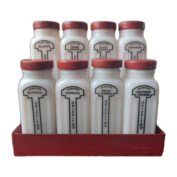 VTG Set Of 8 Original Griffiths Spice Jars ~ Milk Glass With Red Metal Rack - Picture 1 of 16